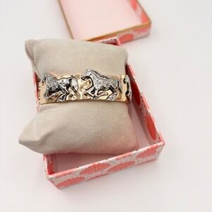 Piper K Two Tone Gold Silver Hammered Horse Hinged Bangle Bracelet Equestrian